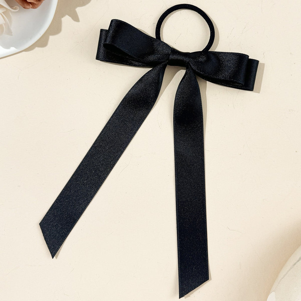 Long Tail Satin Ribbon Bow Hair Tie - Black