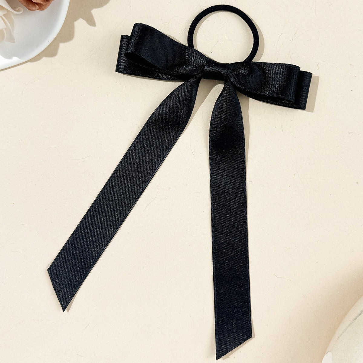 Long Tail Satin Ribbon Bow Hair Tie - Black