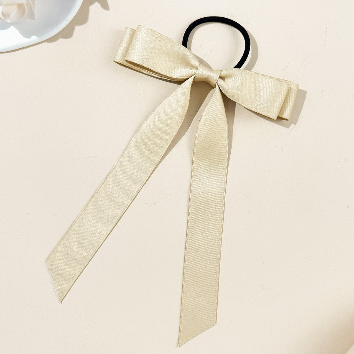 Long Tail Satin Ribbon Bow Hair Tie - Champagne