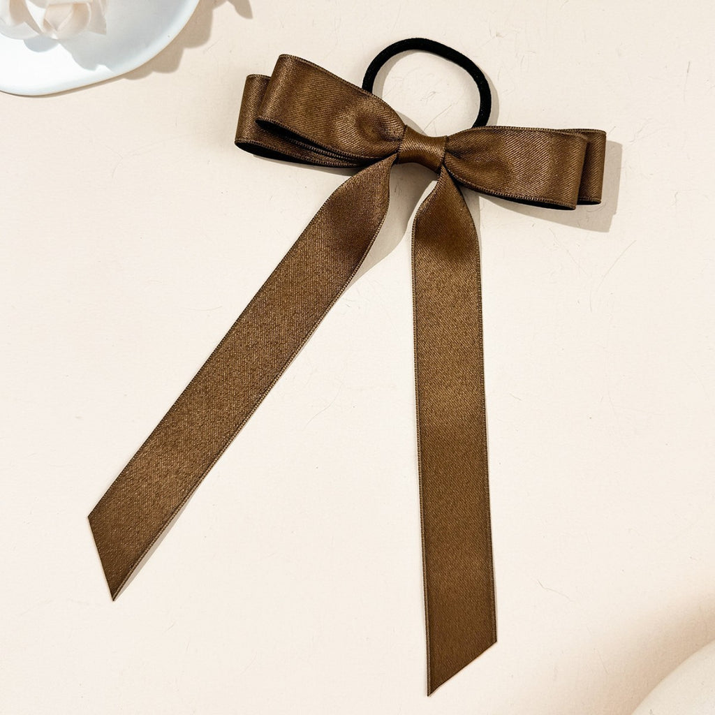 Long Tail Satin Ribbon Bow Hair Tie - DarkBrown