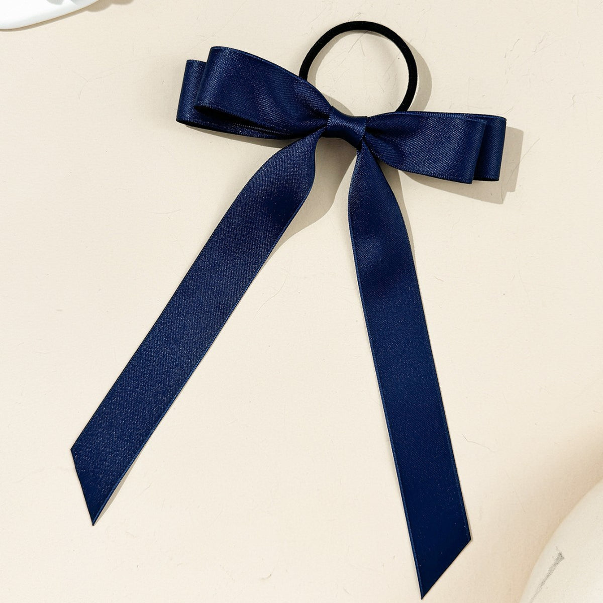Long Tail Satin Ribbon Bow Hair Tie - Navy