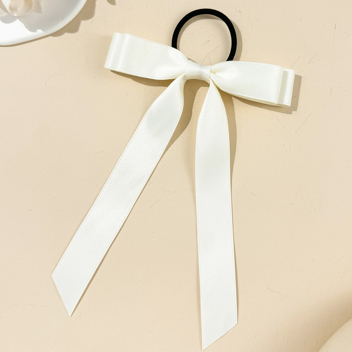 Long Tail Satin Ribbon Bow Hair Tie - OffWhite