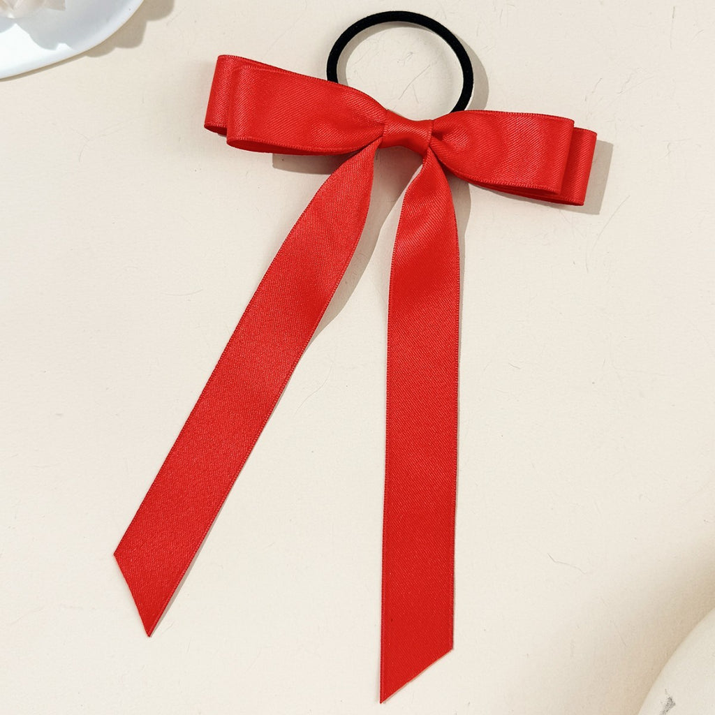 Long Tail Satin Ribbon Bow Hair Tie - Red