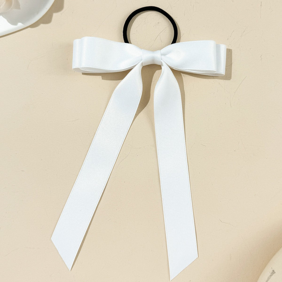 Long Tail Satin Ribbon Bow Hair Tie - White