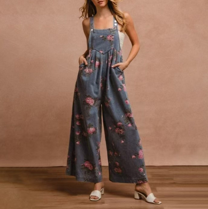 Rose Print Wide Leg Denim Jumpsuit - Blue