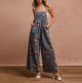 Rose Print Wide Leg Denim Jumpsuit - Blue