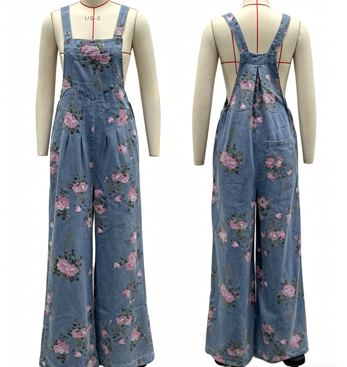 Rose Print Wide Leg Denim Jumpsuit - Blue - 1