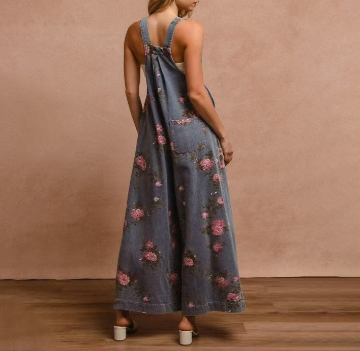 Rose Print Wide Leg Denim Jumpsuit - Blue - 2