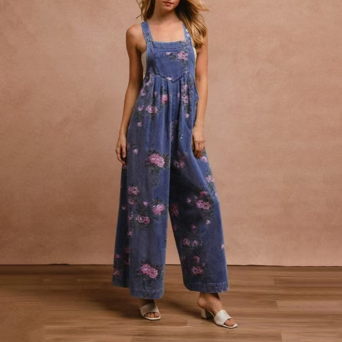 Rose Print Wide Leg Denim Jumpsuit