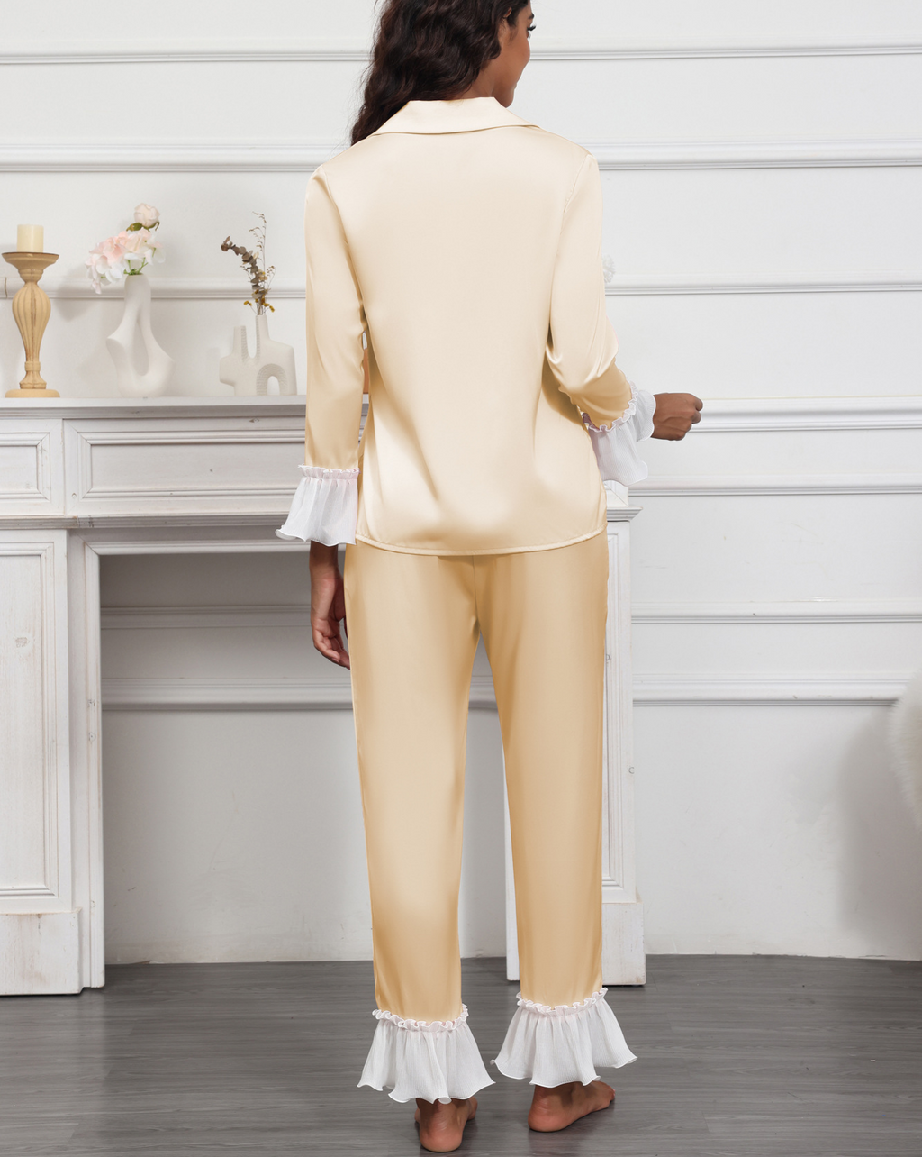 Satin Pajama Set With Ruffle Cuffs - Champagn - 2