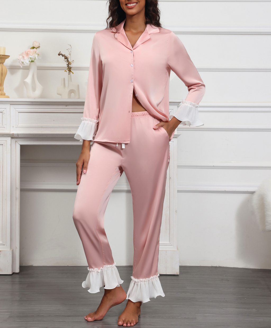 Satin Pajama Set With Ruffle Cuffs - Pink