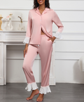 Satin Pajama Set With Ruffle Cuffs - Pink