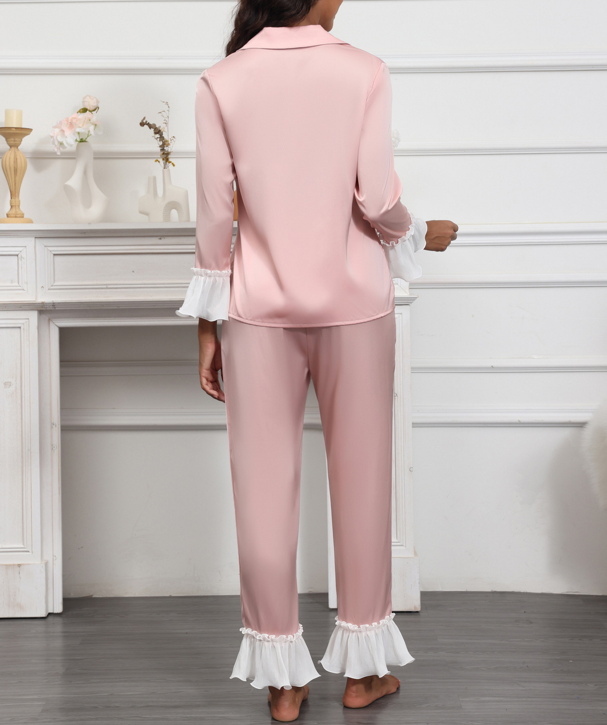 Satin Pajama Set With Ruffle Cuffs - Pink - 1