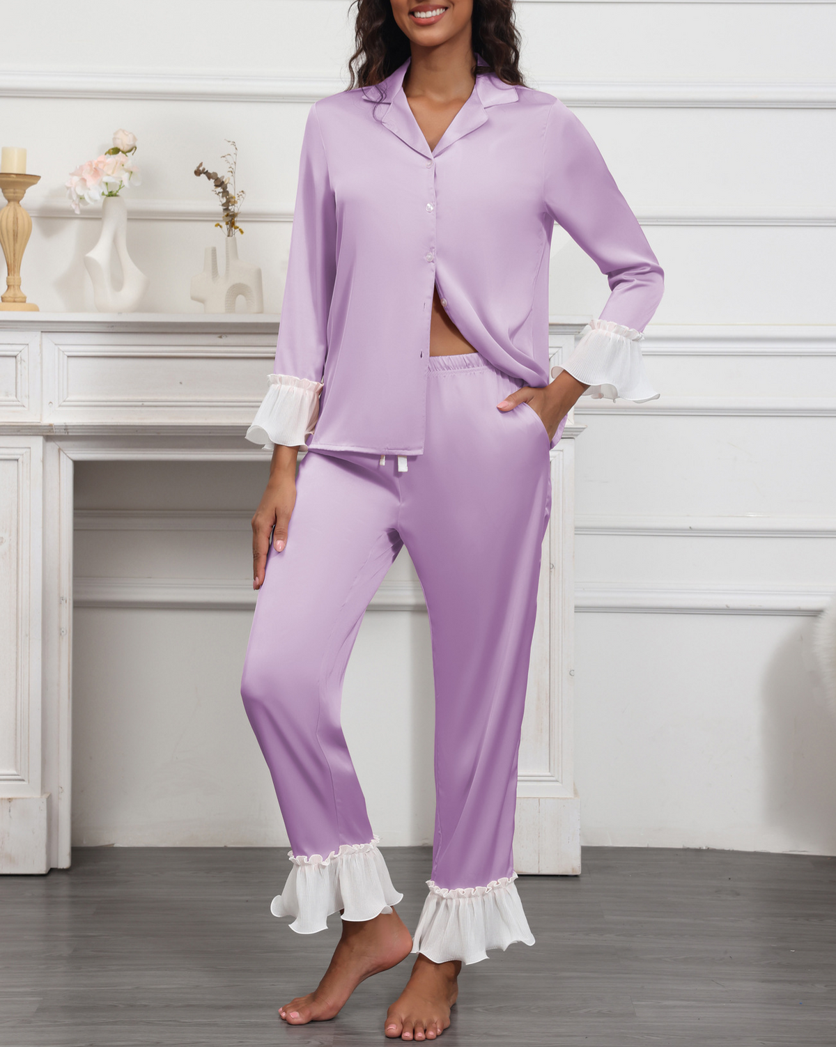 Satin Pajama Set With Ruffle Cuffs - Purple