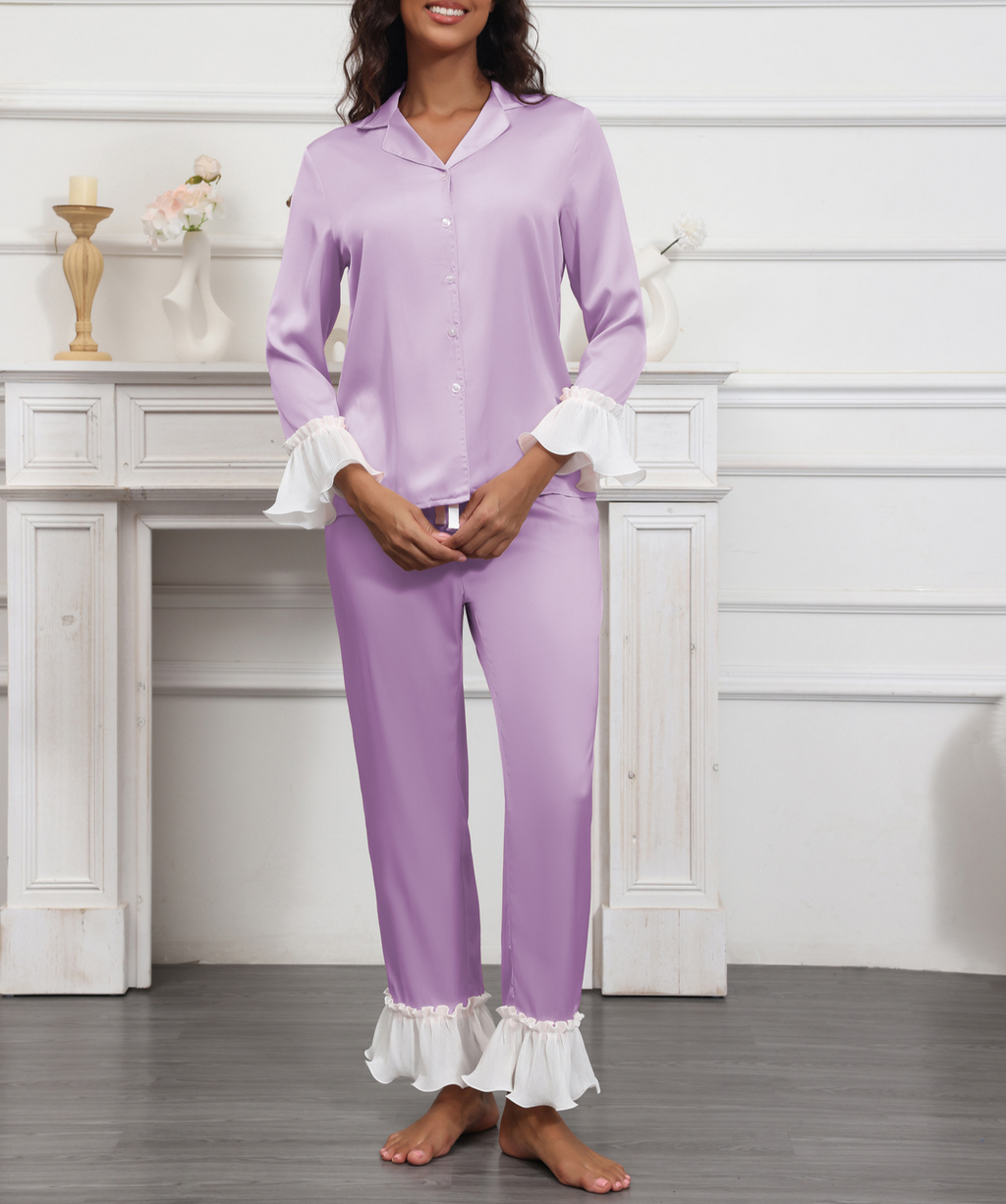 Satin Pajama Set With Ruffle Cuffs - Purple - 1