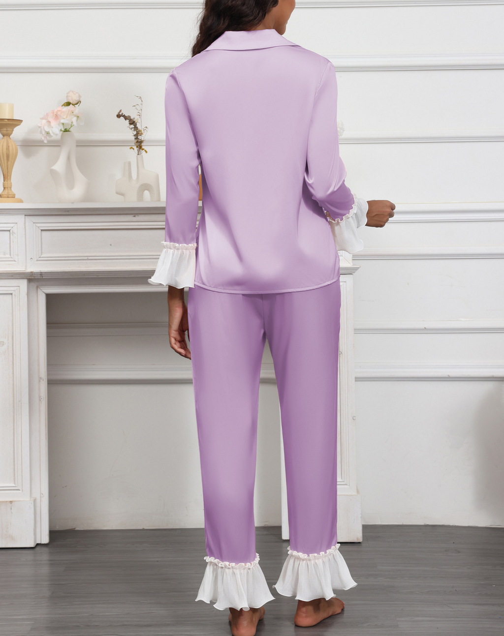 Satin Pajama Set With Ruffle Cuffs - Purple - 2