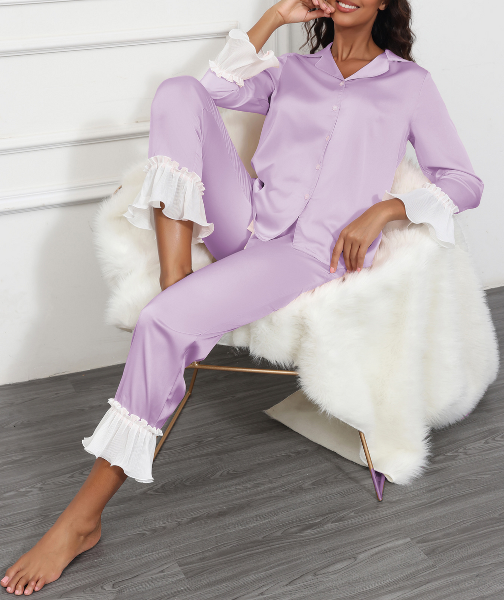Satin Pajama Set With Ruffle Cuffs - Purple - 3