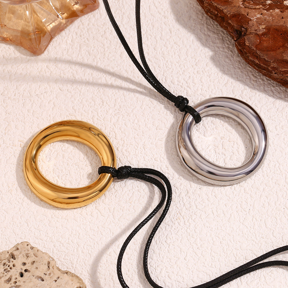 Interlocking Double Ring Cord Necklace - Gold - 2