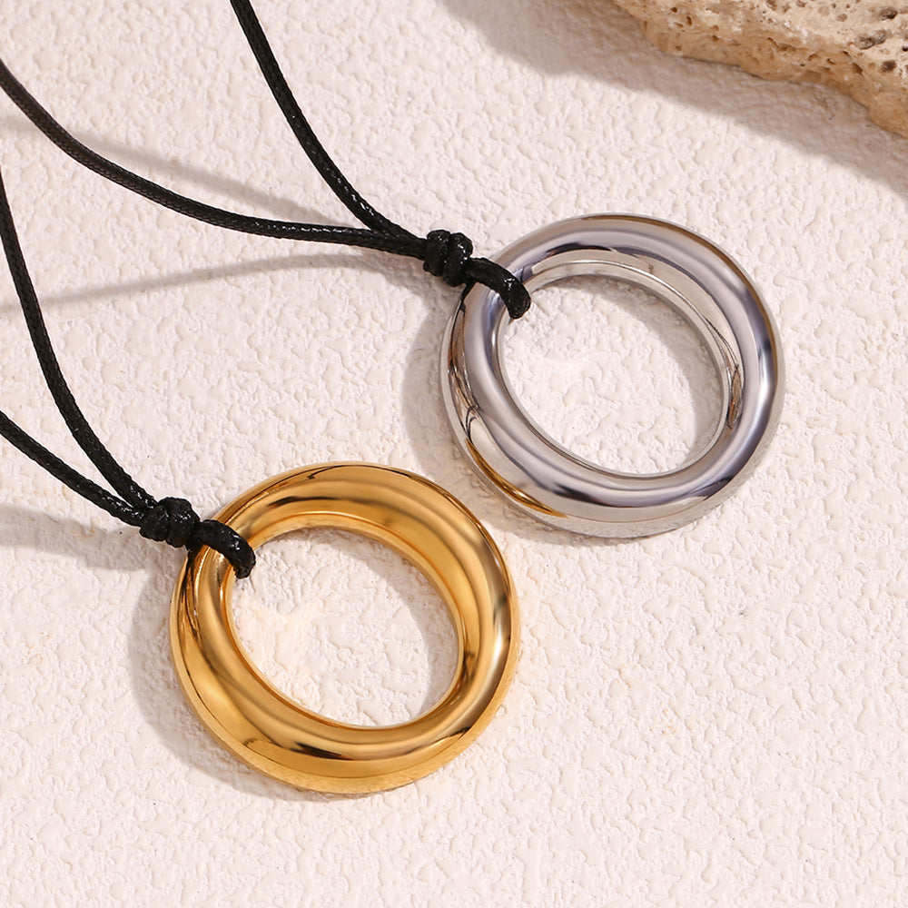 Interlocking Double Ring Cord Necklace - Gold - 4