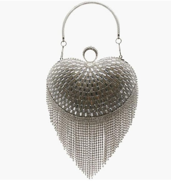 Rhinestone Fringe Heart Evening Bag - Baguette Silver