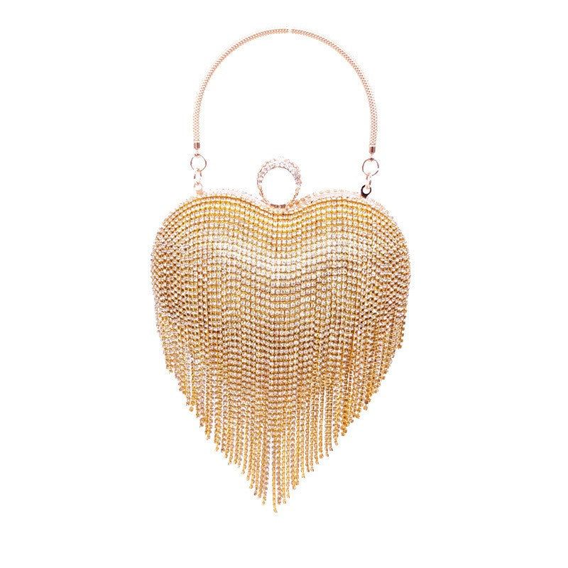 Rhinestone Fringe Heart Evening Bag - Gold