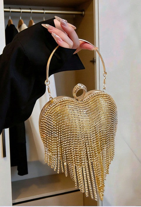 Rhinestone Fringe Heart Evening Bag