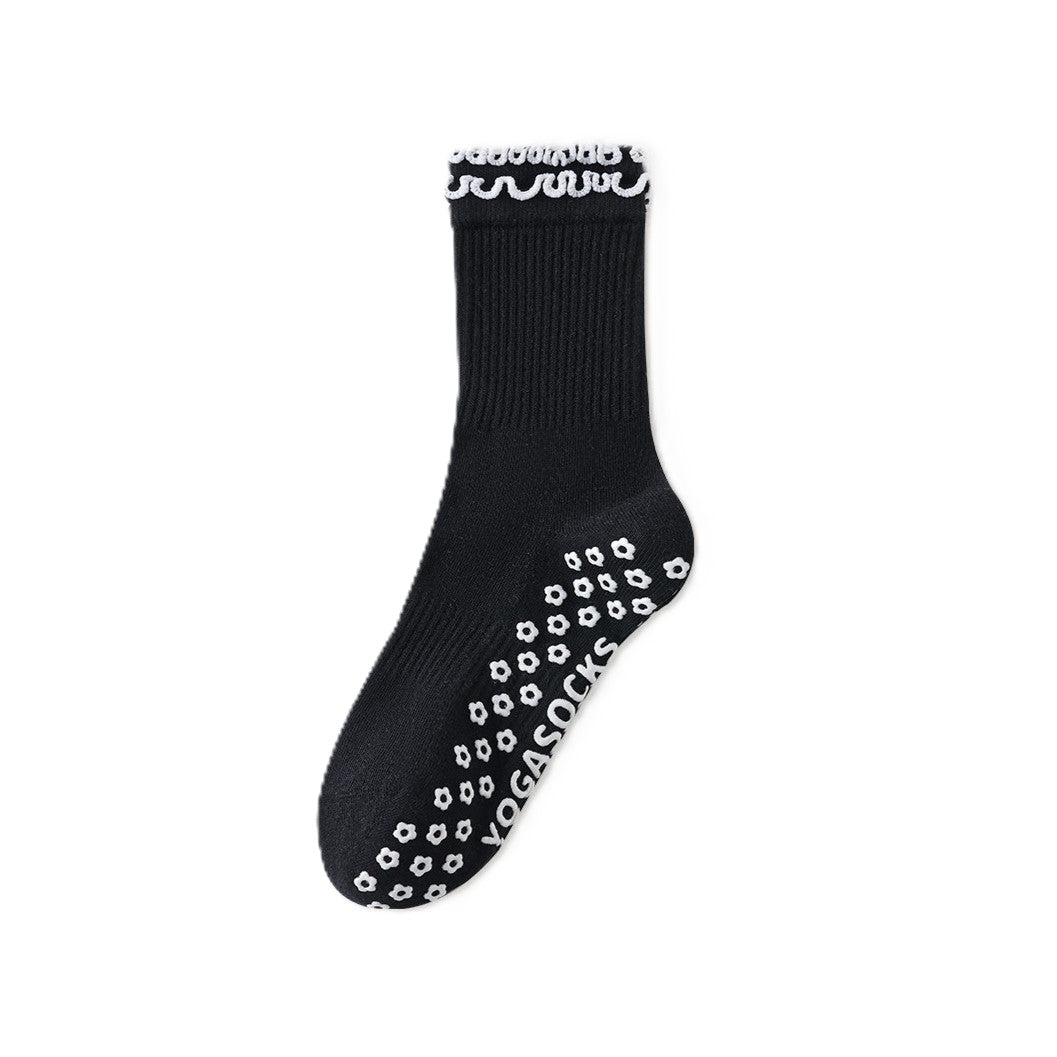 Scalloped Trim Non Slip Pilates Socks - Black