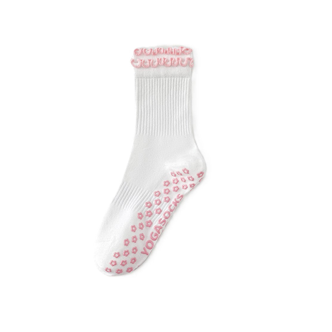 Scalloped Trim Non Slip Pilates Socks - White