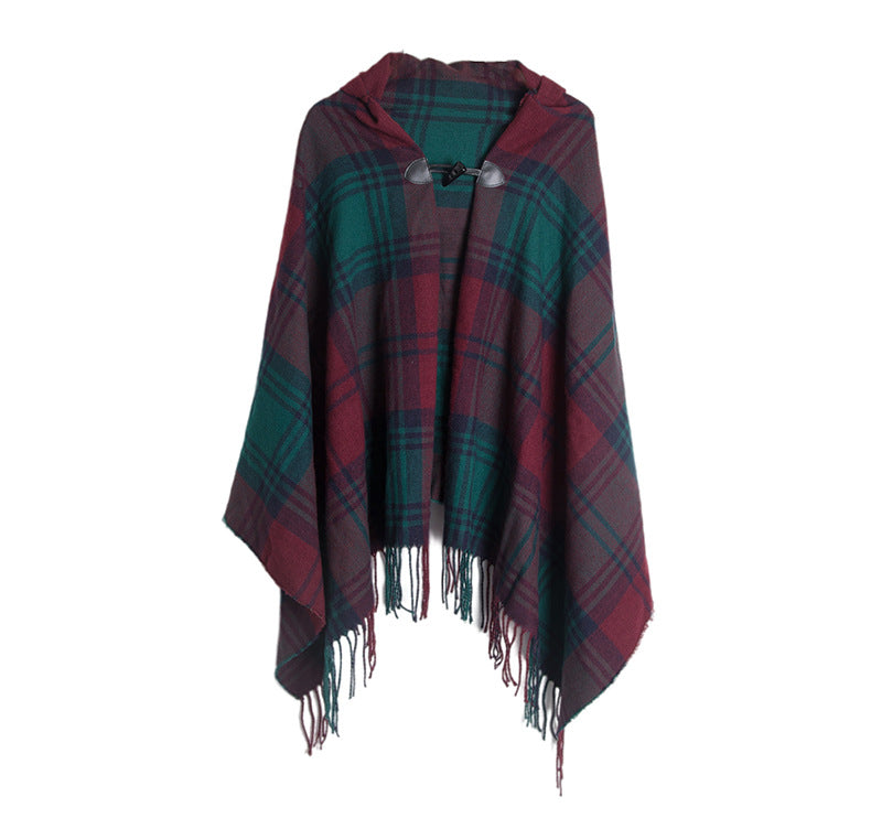 Tartan Plaid Hooded Poncho With Toggle - Green/Red