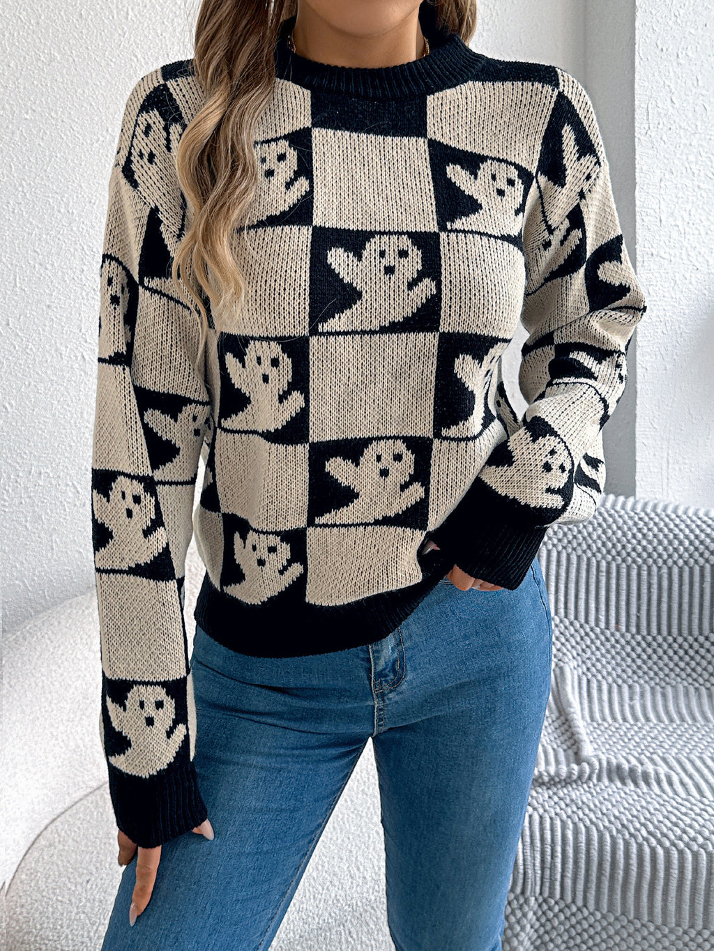 Halloween Motif Checkerboard Knit Sweater - Apricot