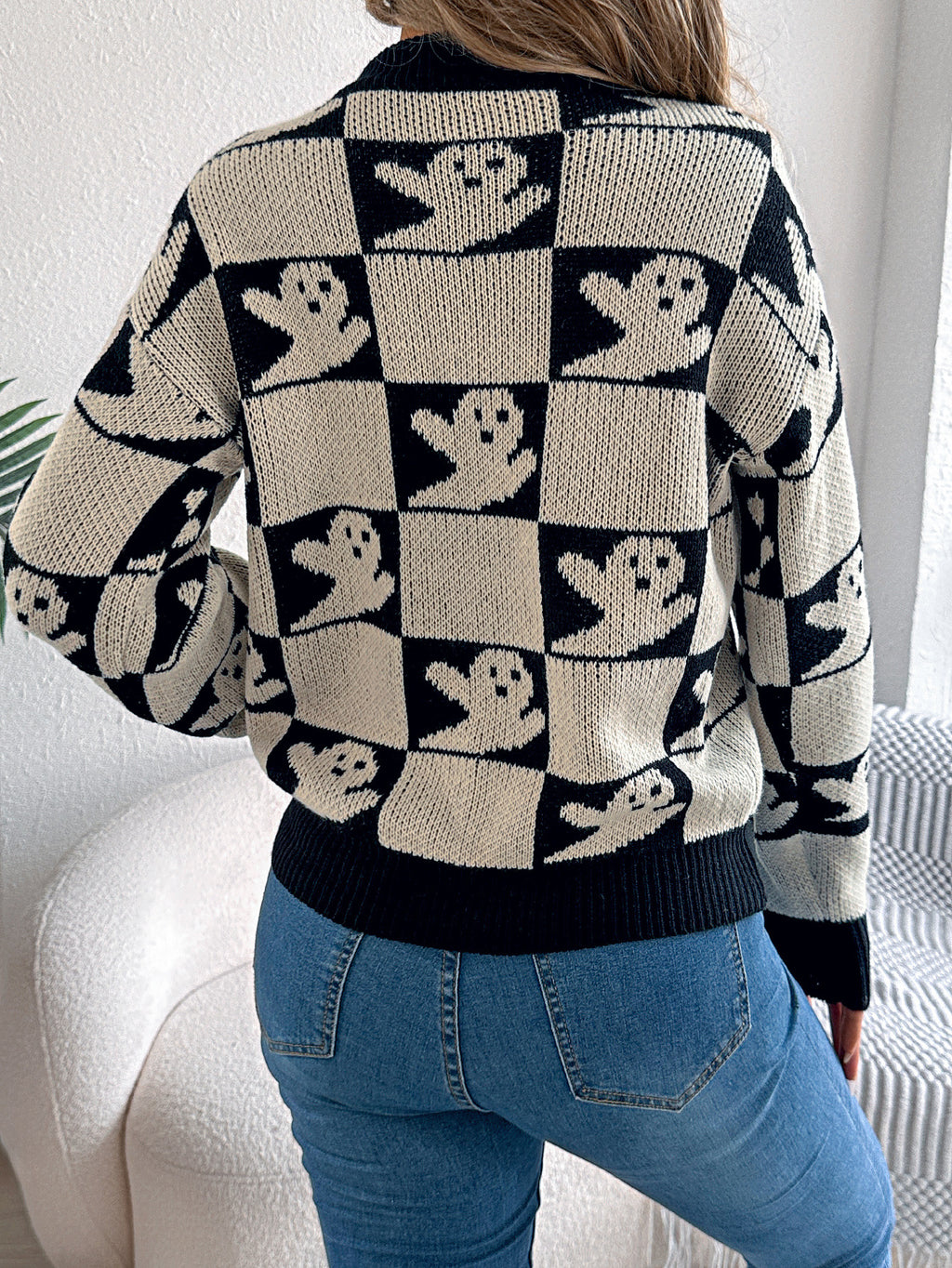 Halloween Motif Checkerboard Knit Sweater - Apricot - 1