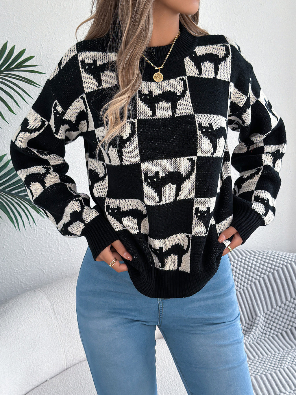 Halloween Motif Checkerboard Knit Sweater - Black