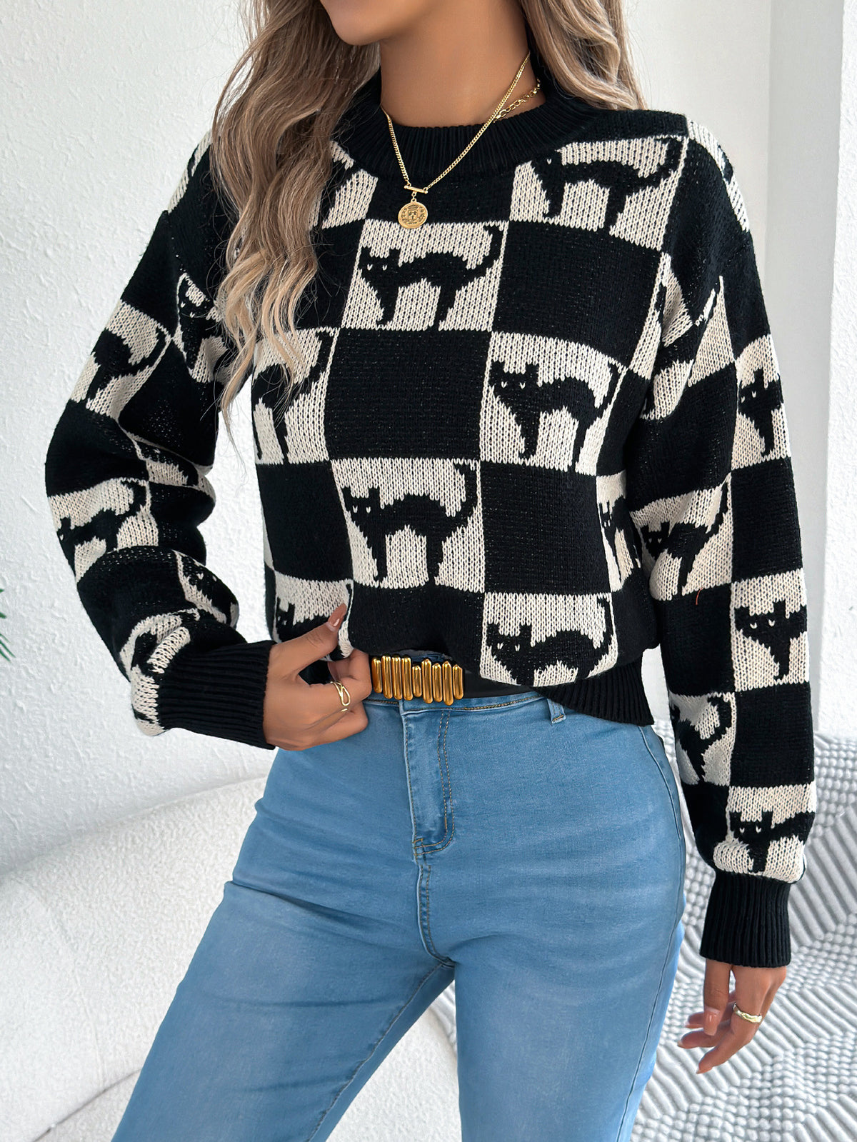 Halloween Motif Checkerboard Knit Sweater - Black - 1