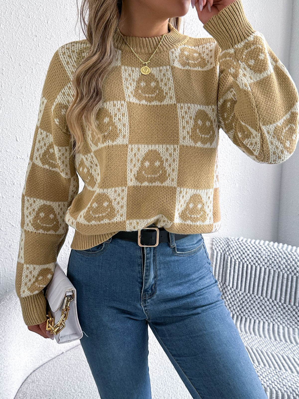 Halloween Motif Checkerboard Knit Sweater - Khaki