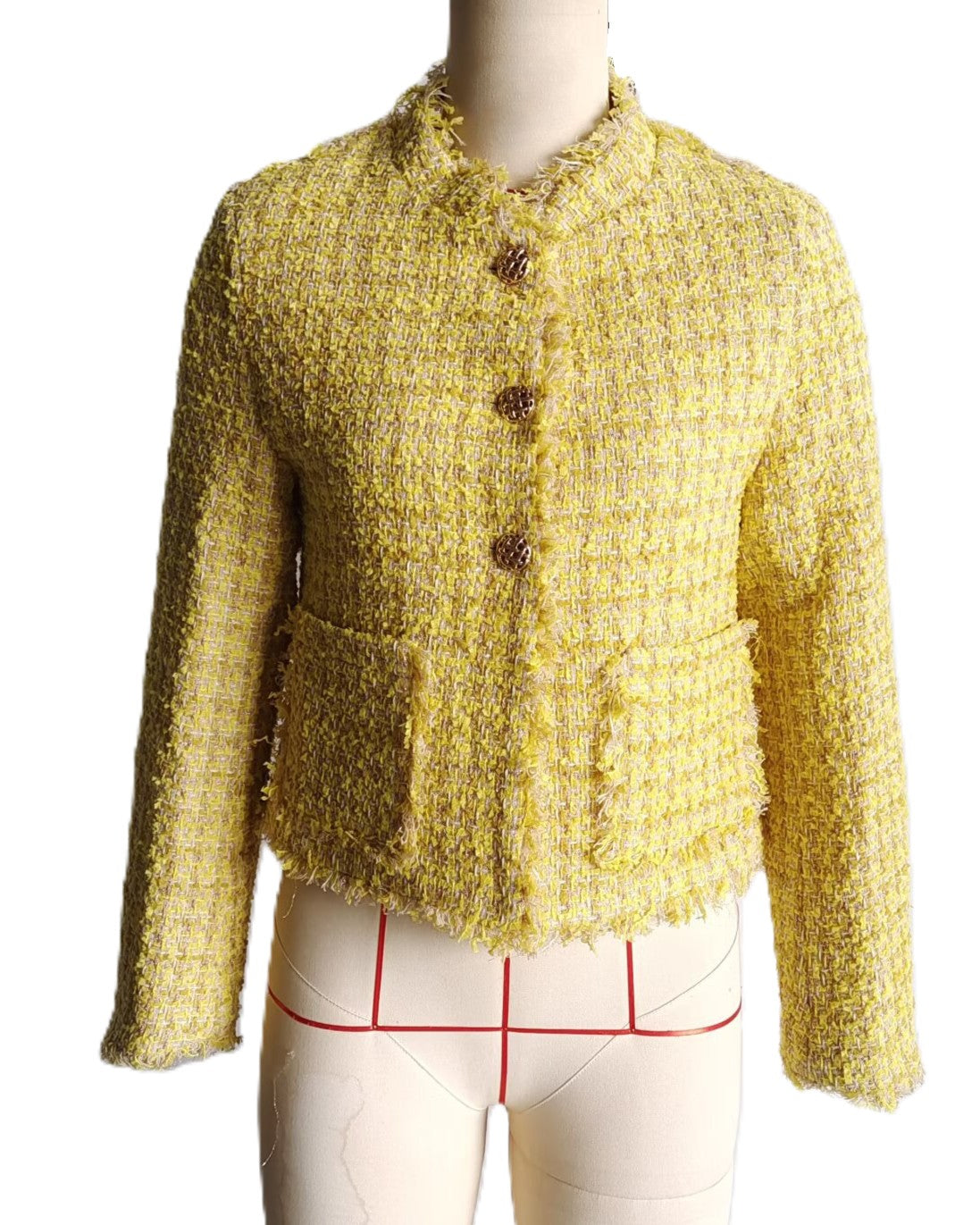 Tweed Fringe Trim Cropped Jacket - Yellow