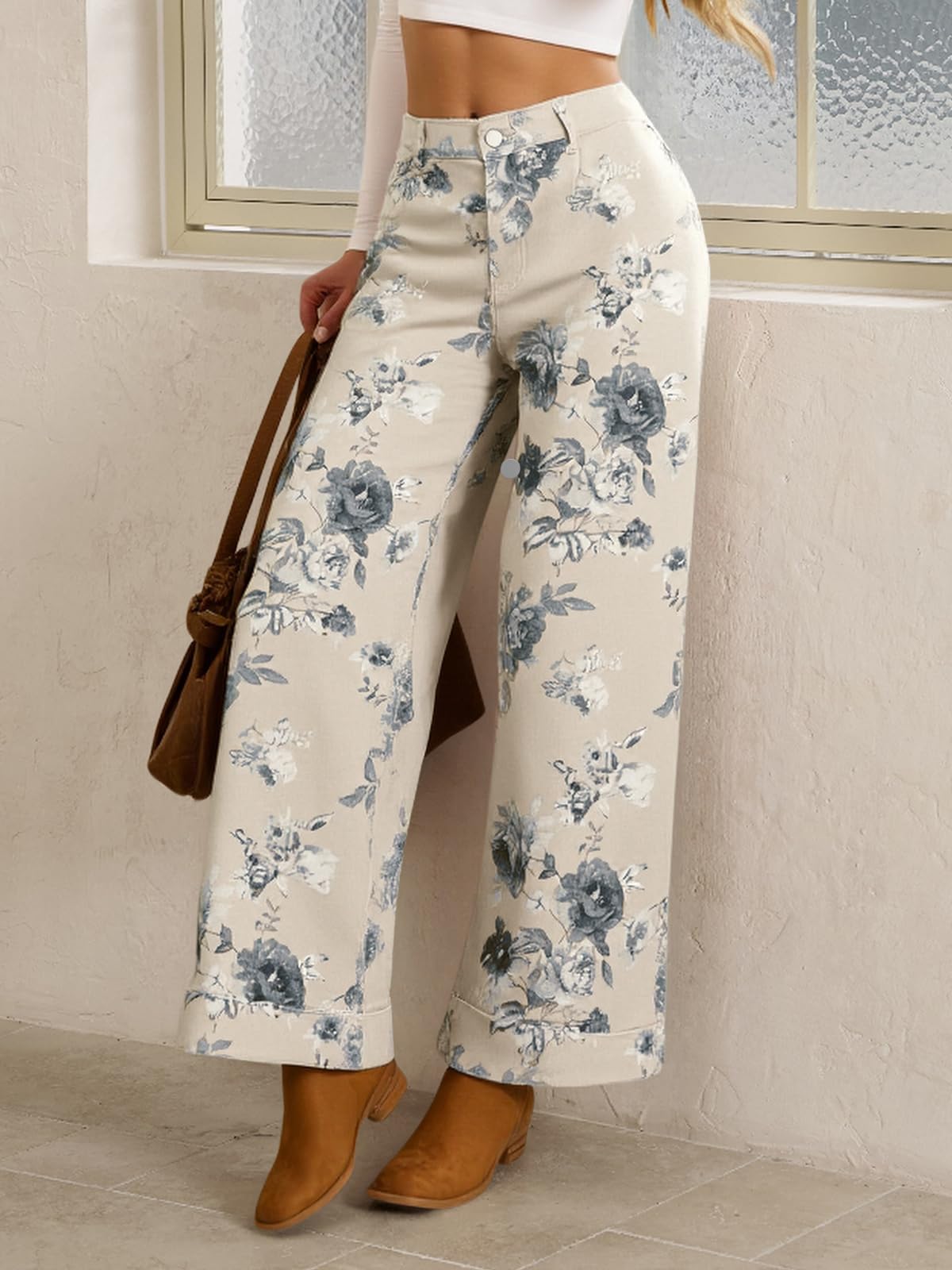 Floral Print High Waist Wide Leg Jeans - White