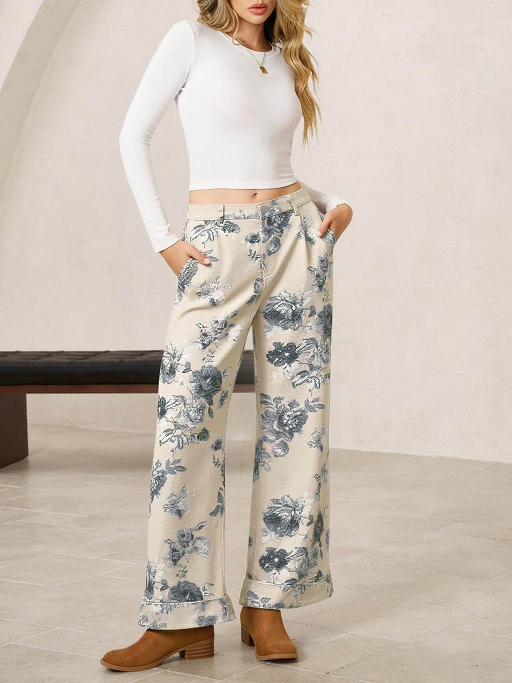 Floral Print High Waist Wide Leg Jeans - White - 1