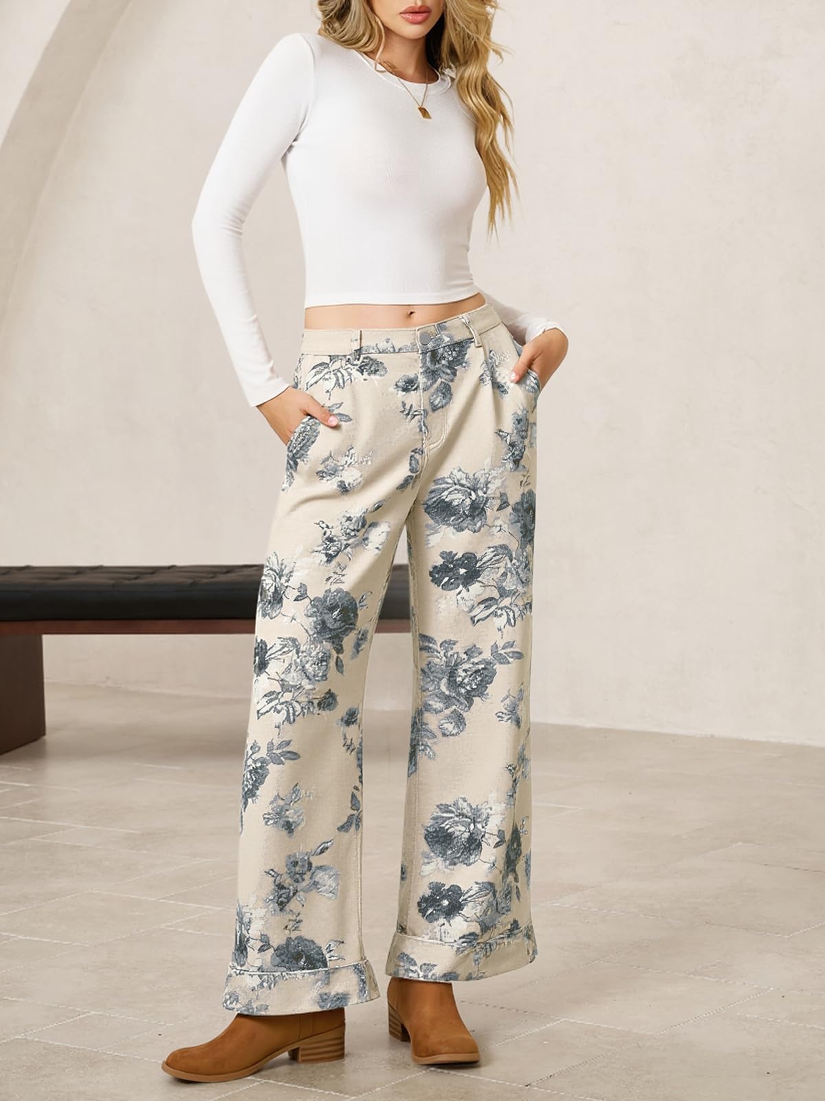 Floral Print High Waist Wide Leg Jeans - White - 1