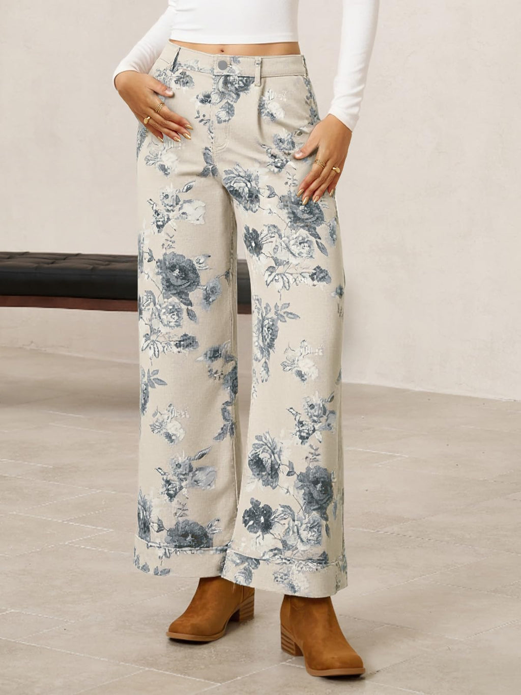 Floral Print High Waist Wide Leg Jeans - White - 2