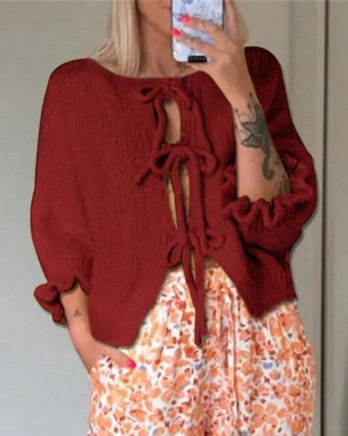 Ruffle Sleeve Tie Front Slouchy Cardigan - WineRed - 1