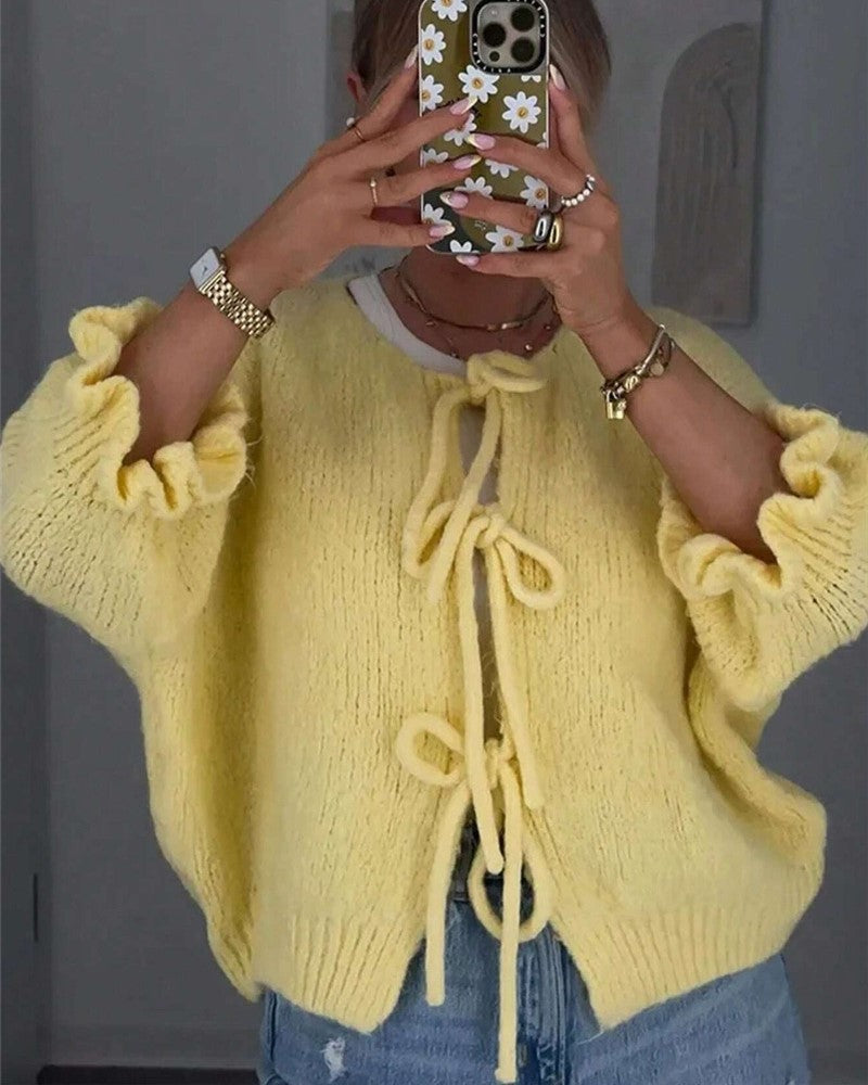 Ruffle Sleeve Tie Front Slouchy Cardigan - Yellow