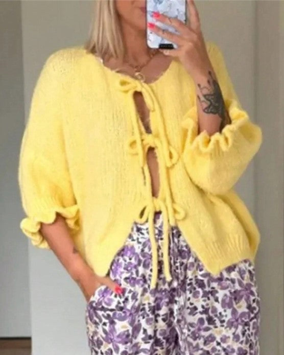 Ruffle Sleeve Tie Front Slouchy Cardigan - Yellow - 1