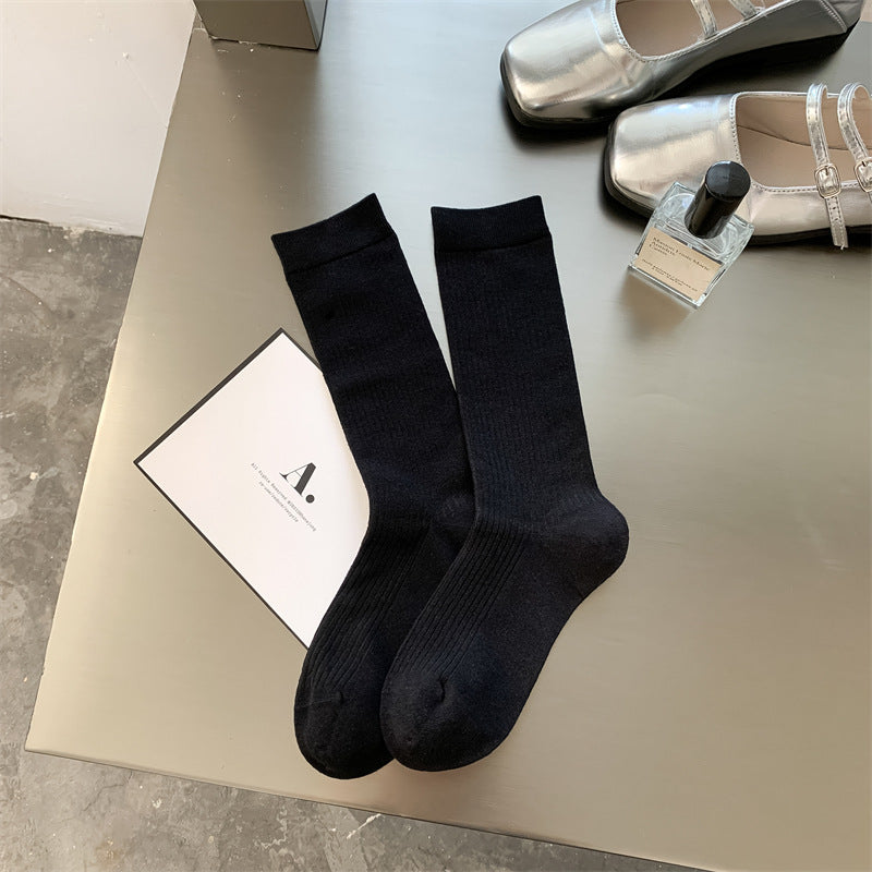 Ribbed Slouch Cuff Cotton Crew Socks - black