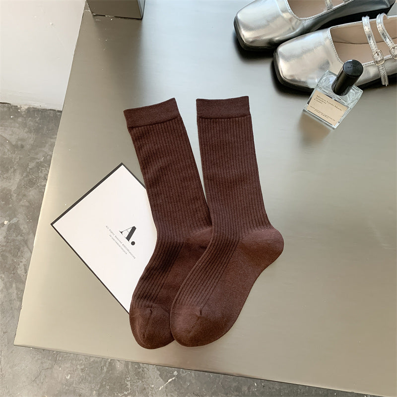 Ribbed Slouch Cuff Cotton Crew Socks - coffee