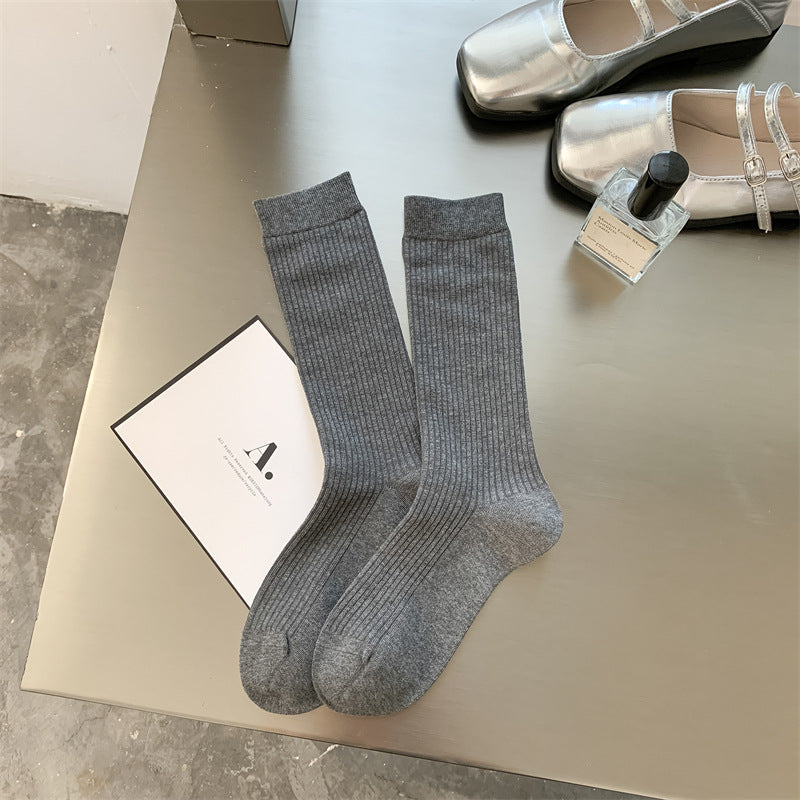 Ribbed Slouch Cuff Cotton Crew Socks - darkgrey