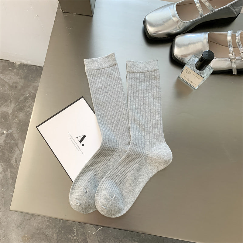 Ribbed Slouch Cuff Cotton Crew Socks - lightgray