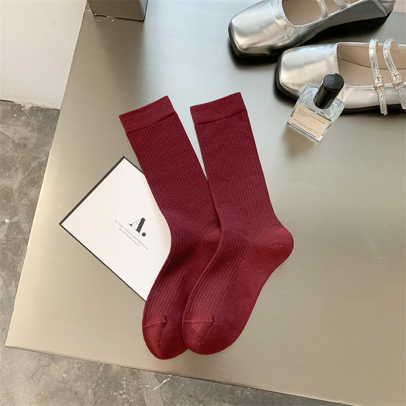 Ribbed Slouch Cuff Cotton Crew Socks - red