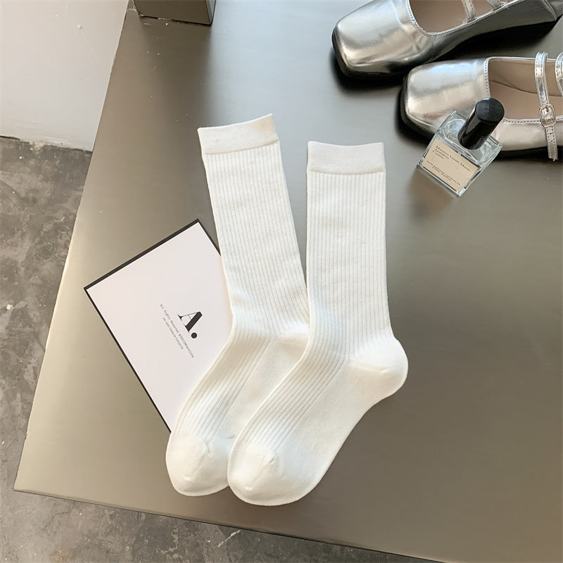 Ribbed Slouch Cuff Cotton Crew Socks - white