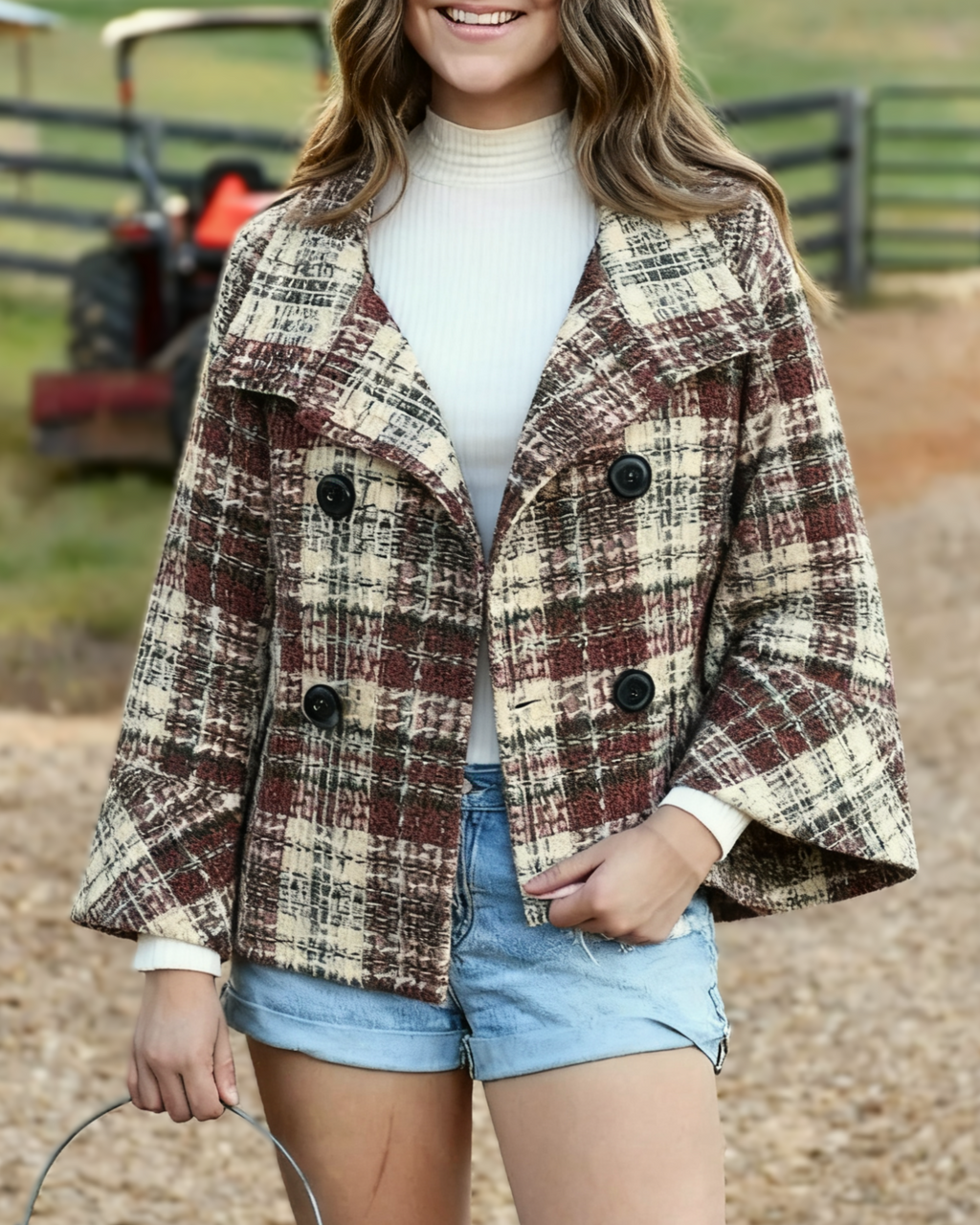 Tweed Check Double Breasted Swing Jacket - Red