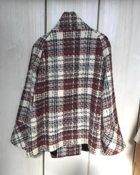 Tweed Check Double Breasted Swing Jacket - Red - 2